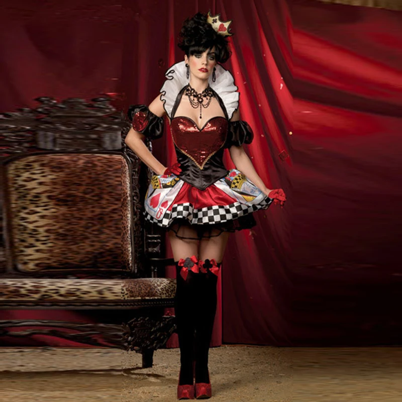 Красная Королева сердец Костюм Алиса в стране чудес представление королева покера ролевые игры Хэллоуин косплей фантазии вечерние платья наряд