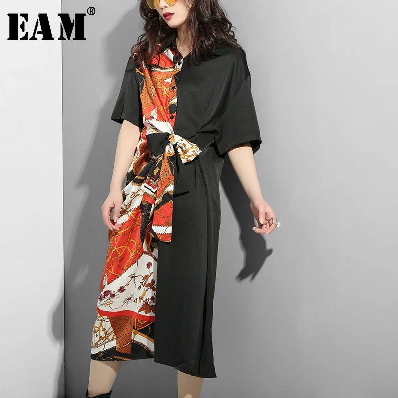 

[EAM] 2019 New Spring Summer Lapel Half Sleeve Half Side Pattern Printed Waist Bandage Big Size Dress Women Fashion Tide JS320