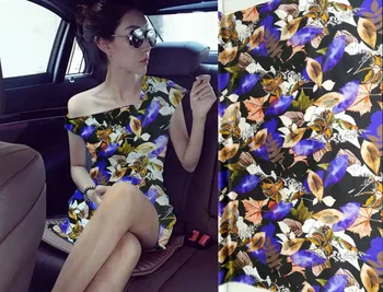 

New Super Heavy 22 Momme Designer Blue purple Leaf Printed Satin Fabric Woven Material For Curtain Cloth Dress 97% Silk Fabric