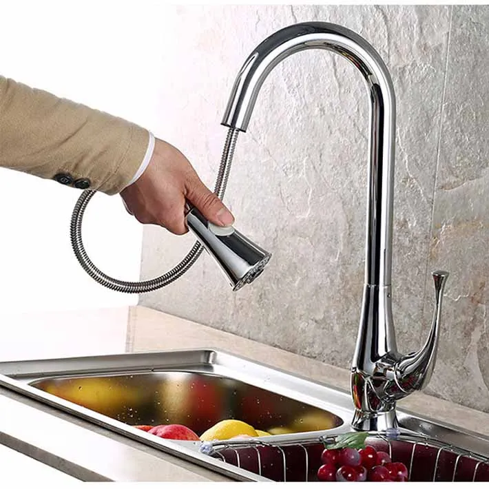 

New brass copper single handle Swivel Pull out Spray Kitchen Sink Faucet Tap mixer chrome polished
