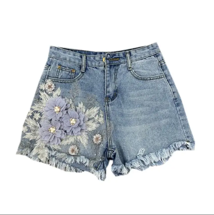 

Women's Shorts Jeans 2019 Mid Waist Tassel Denim Shorts Causal Flower Jean Blue Sexy Mini Short Pants 1917