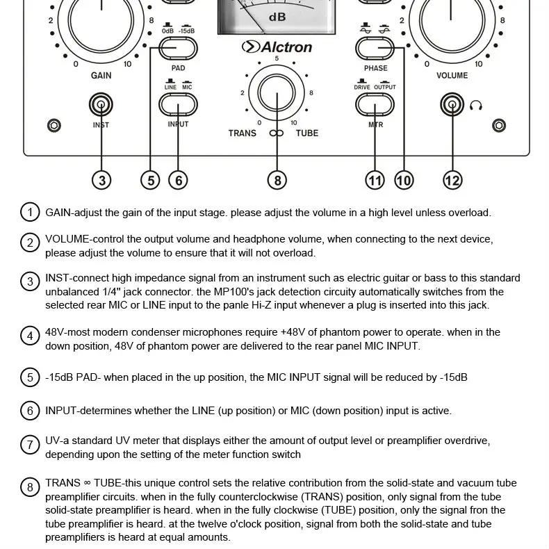 Alctron MP100 одноканальный микрофон-трубка/инструмент предусилитель, микрофонный усилитель, с 48V фантомным питанием