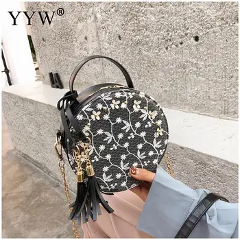 

Round Tassels Embroidery Handbags Women White Mini Top Handle Hand Bags Women'S Shoulder Bag Cute Crossbody Bags Clutch Party