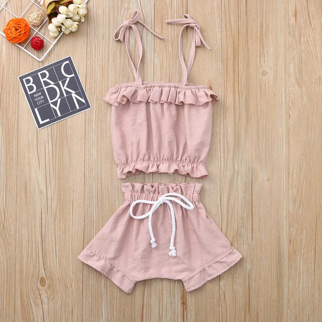 

2019 Summer Cotton Two-piece Children Sets Toddler Kid Baby Girls Slveesless Ruffled Off-The-Shoulder Tops Short Outfits Clothes