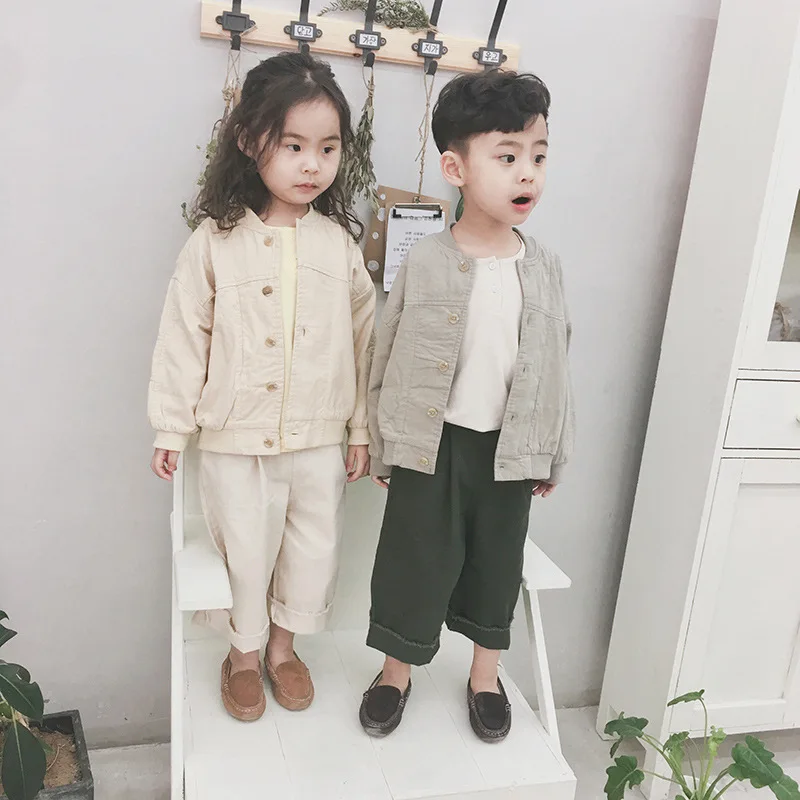 

Spring 2019 New Children Short Length Baseball Uniform Cardigan Boys and Girls Baby Cotton Linen Jacket Kids Long Sleeve Tops
