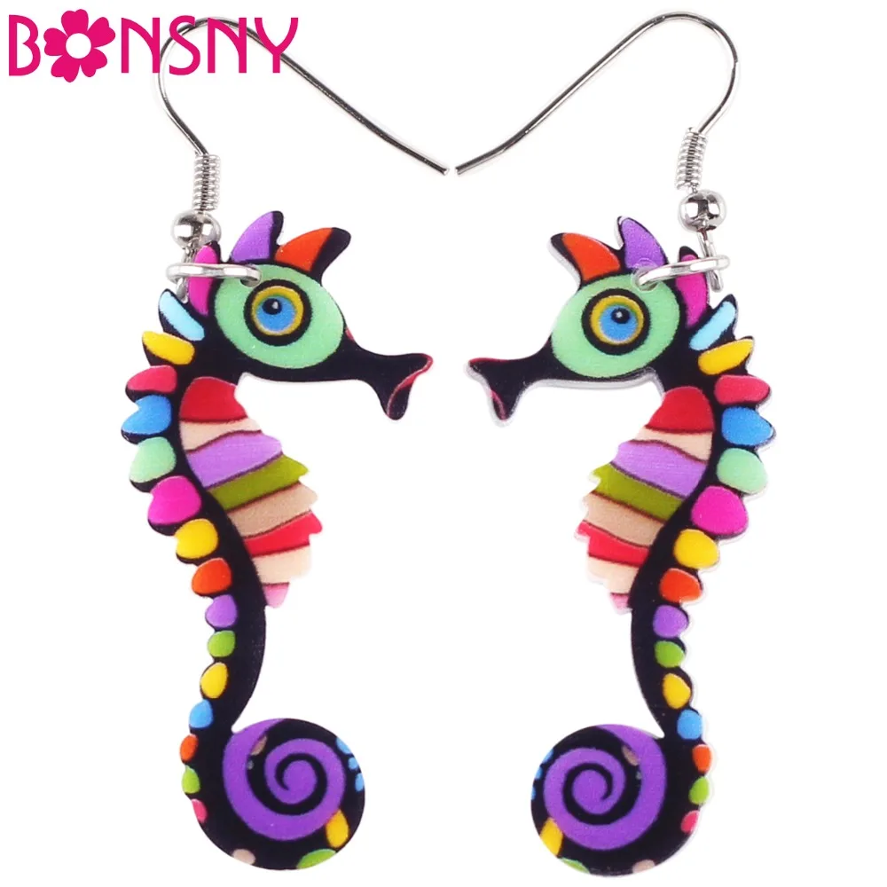 Bonsny  Acrylic Drop Dangle Long Hippocampus Seahorse Earrings New Fashion Ocean Collection Animal Jewelry For Women Accessories