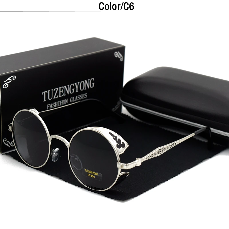 TUZENGYONG, высокое качество, модные поляризационные солнцезащитные очки для мужчин/женщин, круглые, с металлической резьбой, Винтажные Солнцезащитные очки, готический стиль, стимпанк, солнцезащитные очки