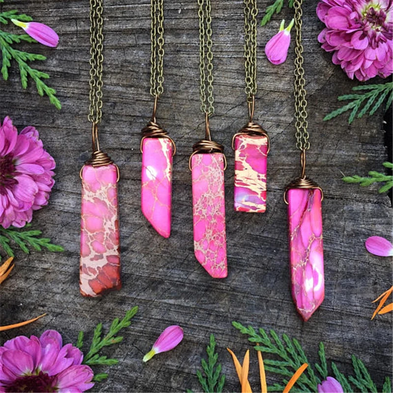 

Artilady pink stone necklace long chain pendant necklace handmade jewelry gift for women