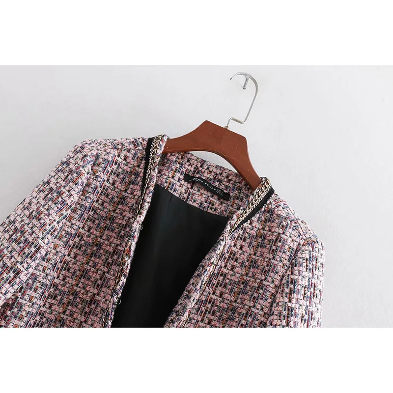 Spring and Autumn A Skinny Long-sleeved Coat with Soft Tweed Without Buckle. Pockets Tweed Women's Blazer Plaid Jacket Spring and Autumn A Skinny Long-sleeved Coat with Soft Tweed Without Buckle. Pockets Tweed Women's Blazer Plaid Jacket