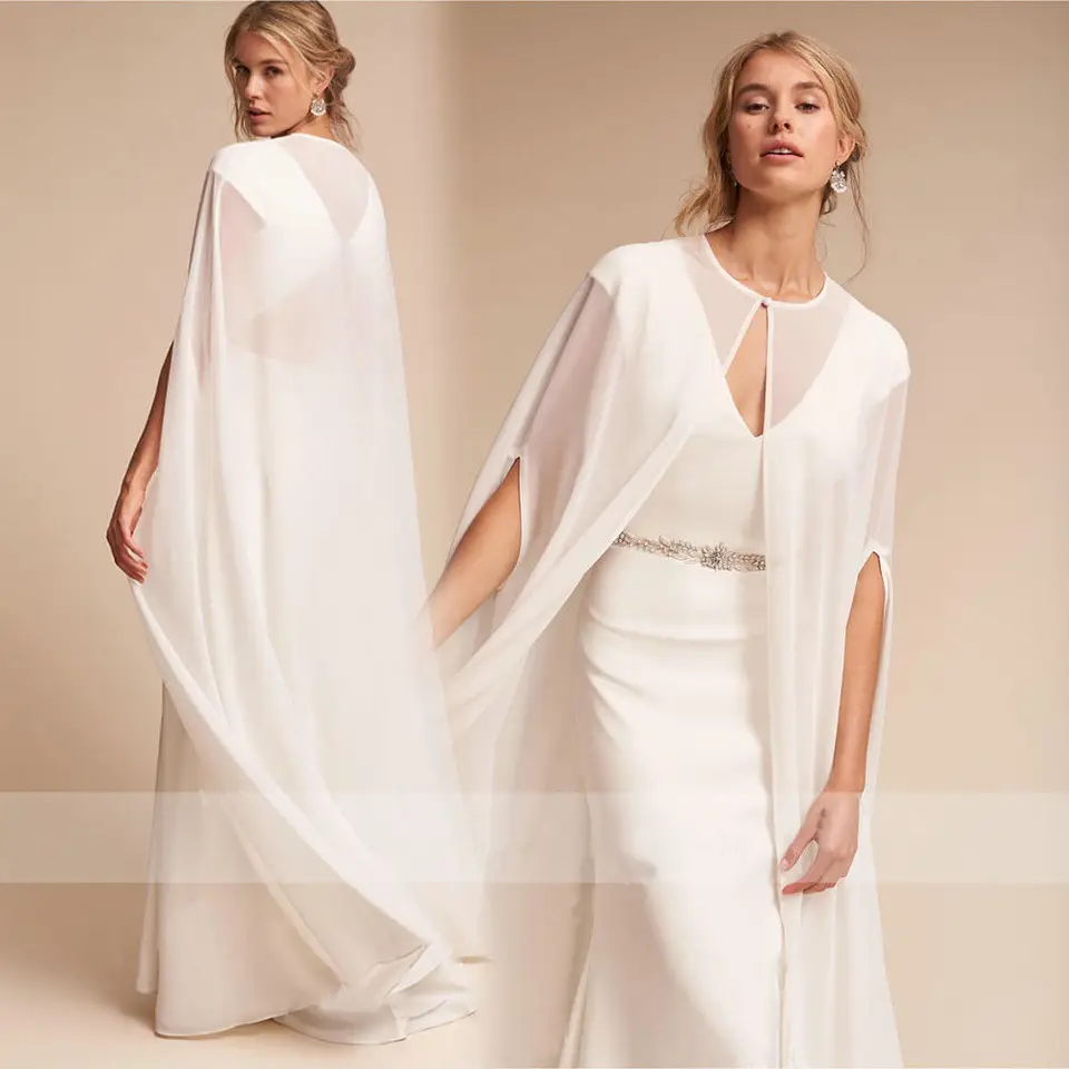 Mantella Da Sposa In Chiffon Lunga 220 Cm - Ali Staccabili Con Spilla Su Spalla - Avorio - 6