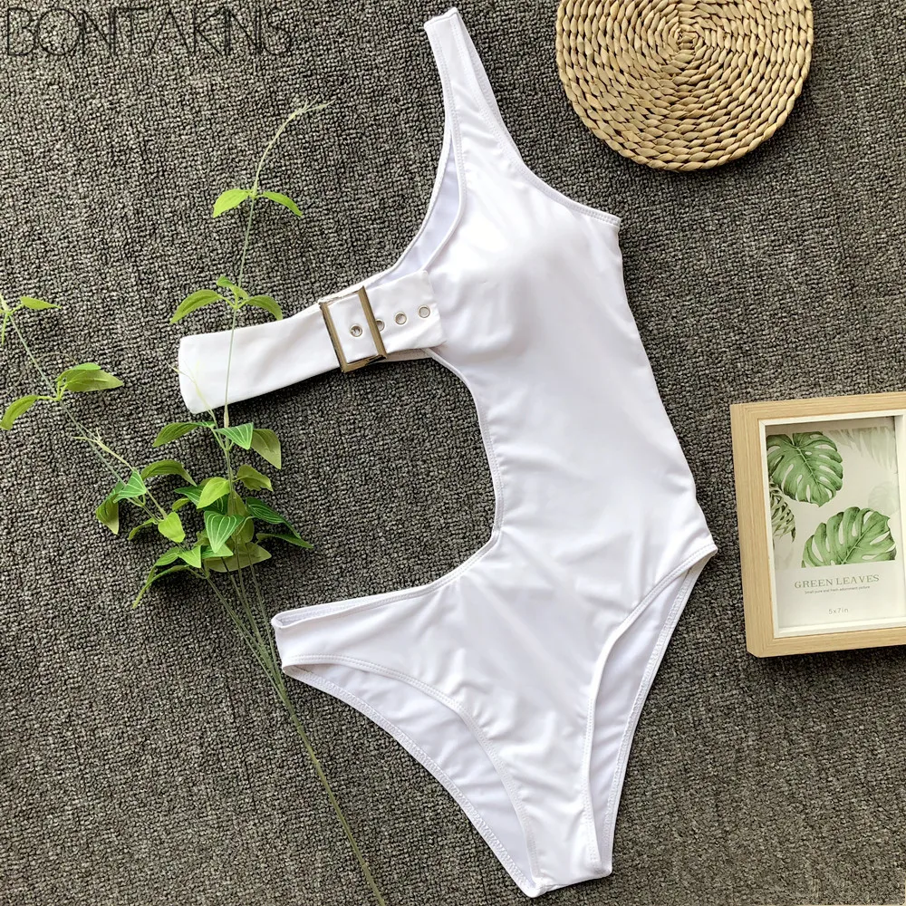 

Bonitakinis Big Buckle One Piece Swimsuit One Shoulder Belt Monokini Swimwear Bodysuit Special Out Cut Swimwear