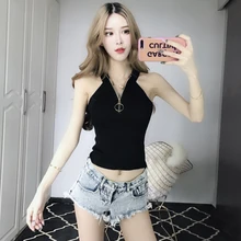 Новые летние пикантные стиль Женская одежда мода металлическое кольцо молнии v-образным вырезом короткий топ без рукавов топы Женский Вязание майка