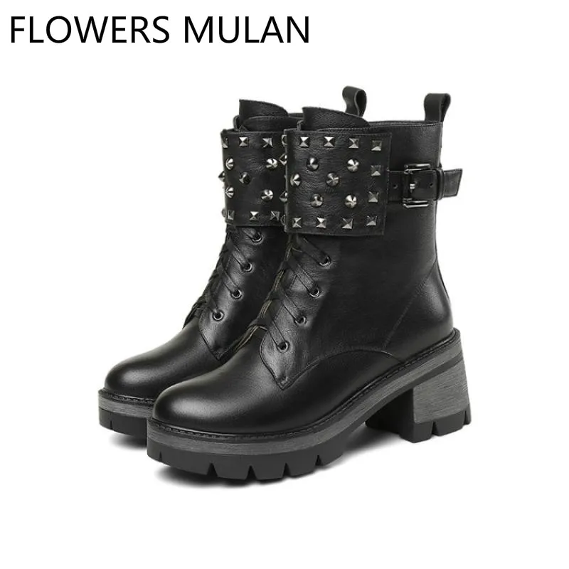 

Luxury Black Real Leather Winter Boots Women Round Toe Chunky Heel Botas De Mujer Cross Tied One Wide Rivets Belt Buckle Shoes