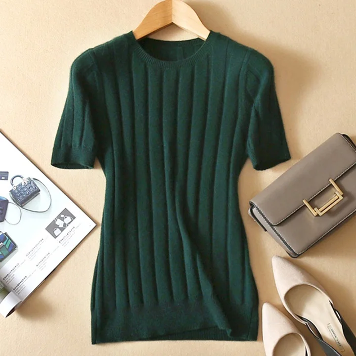 Новое поступление, женский свитер с коротким рукавом, однотонный, хлопок, шерсть, тонкий стиль, пуловер, трикотаж, высокое качество - Цвет: Blackish green