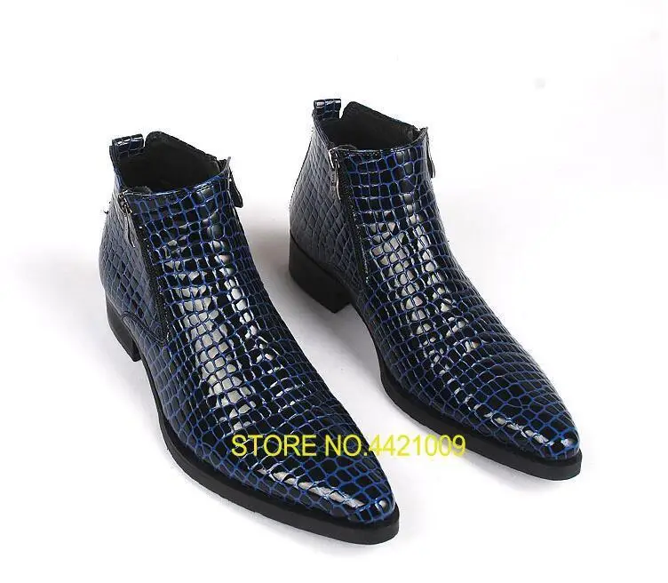 

Ankle boots dress shoes men pointed toes genuine leather smart casual shoes high top plaid stone pattern dark blue roman boots