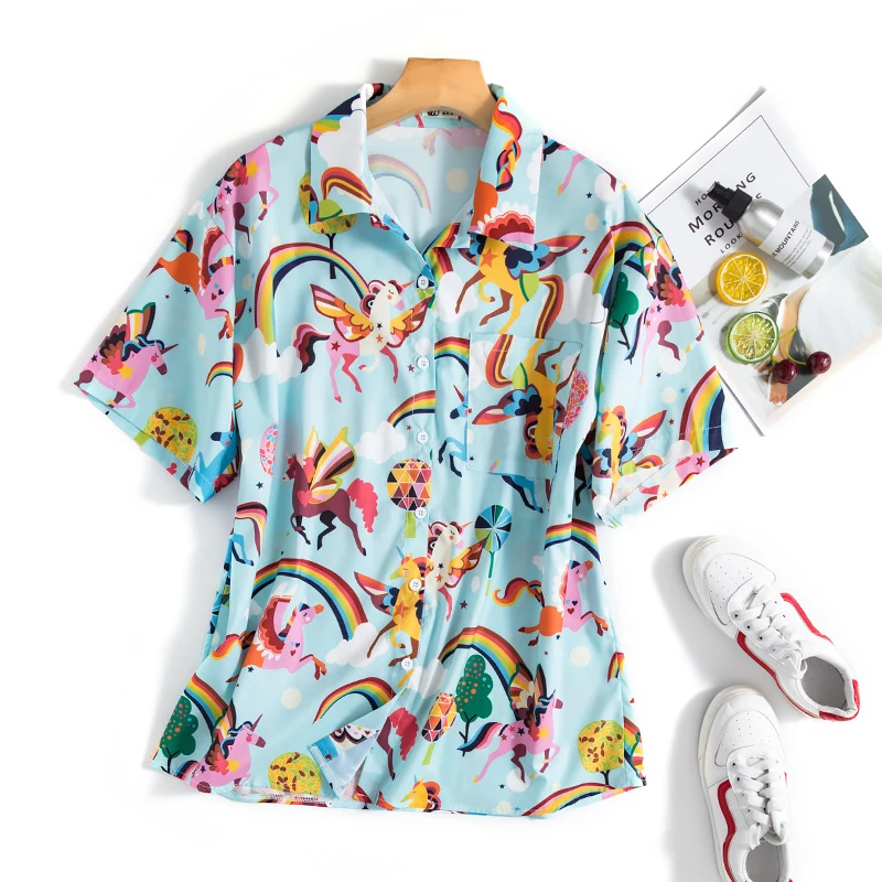 

2019 New Summer Shirt Female Harajuku Cute Unicorn Print Shirt Loose Short Sleeve College Wind Sweet Cartoon Rainbow Shirts