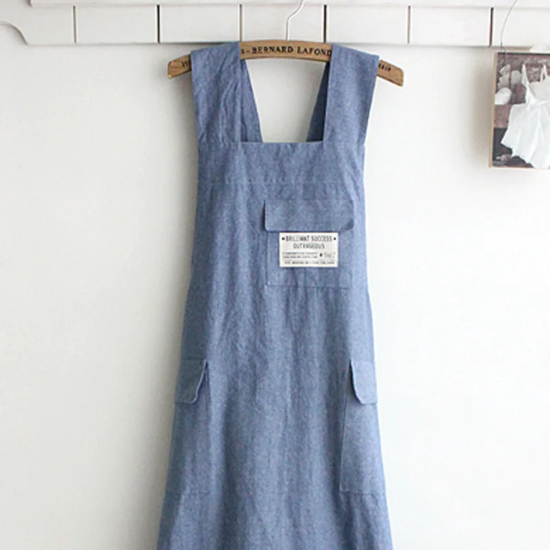 

Chef Apron Gift Japanese style X Shape denim smock Natural Cotton APRON Halter Cross Bandage Bib Kitchen Garden Wear-blue Color