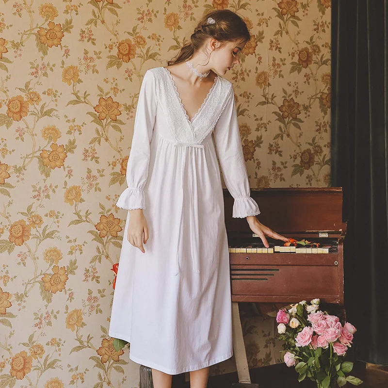 

2019 Plus Size Sleepwear Front Open Deep V Neck Sexy Lace Home Wear Night Dress Vintage Nightgown Long Sleep Shirt Nightdress