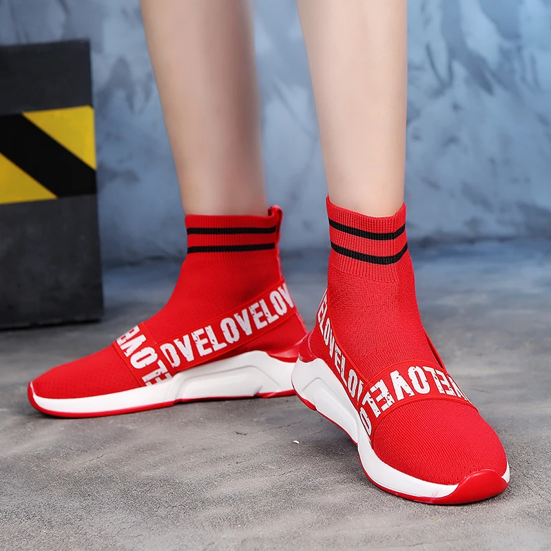 QWEDF 2019 NEW Women Sneaker Casual Shoes High-Vamp Fashion Ladies Sneaker Sock Flats Women's Vulcanized Shoes S1-22