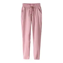 2017 Новый Повседневное Для женщин Брюки для девочек одноцветное Цвет шнурок эластичный пояс Comfy полной длины шифон штаны-шаровары розовый
