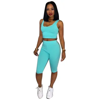 

2019 Summer Women Solid Sleeveless Suits Casual New Fashion Square Neck Top And Shorts Two Piece Sets