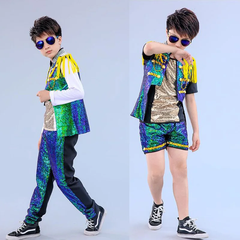Детская танцевальная одежда в стиле хип-хоп с блестками; костюмы для джазовых танцев для мальчиков и девочек; Карнавальная одежда для сцены; одежда для бальных танцев