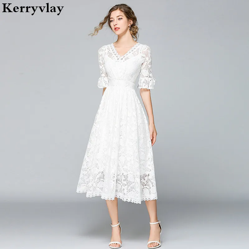 

French Summer Princess White Lace Dress Vestidos Casual Mujer 2019 Large Swing Midi Beach Party Dress Robe Blanche Femme K9011