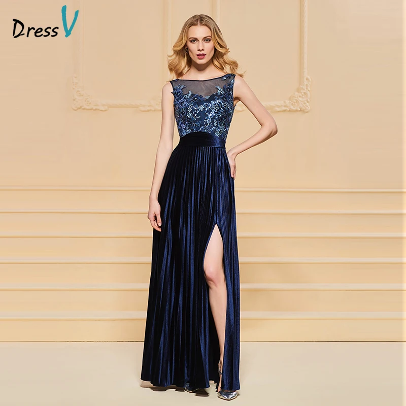 

Dressv evening dress scoop neck a line beading button lace pleats split-front wedding party formal dress evening dresses