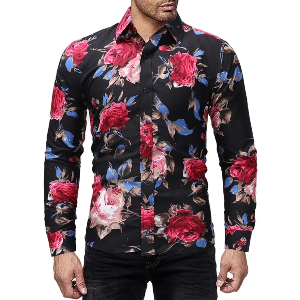 

Hot Sale Long Sleeve Men's Luxury Tops Tee Slim Fit Casual Flower Printed Single Breasted Shirts Black Turn Down Collar Blouse