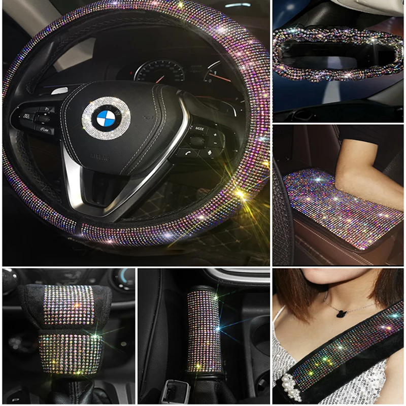 

Full Diamond Car Steering Wheel Cover Keychain Armrest Cover Seat Belts Shoulder Pads Car Styling Interior Decoration Accessory