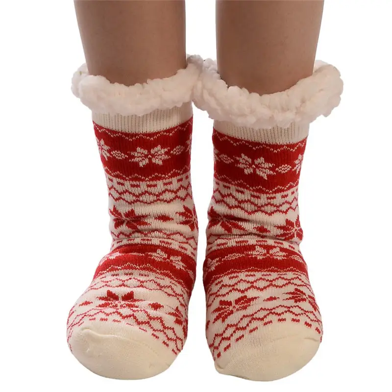 Рождественские женские хлопковые носки с принтом, толстые нескользящие носки-тапочки, ковровые носки, лидер продаж, calcetines mujer skarpetki@ C - Цвет: Red