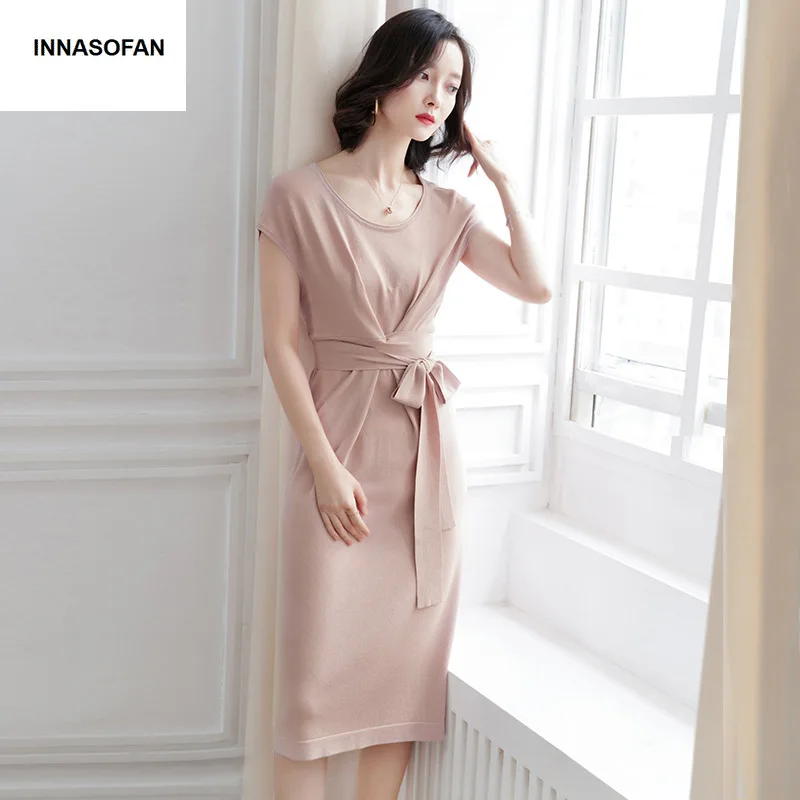 

INNASOFAN women dress Spring-summer knitted dress Eurasian fashion elegant dress in solid color with short sleeves