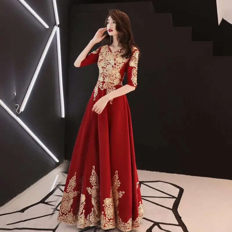 Темно-красные вечерние Длинные Cheongsam ретро Тонкое платье свадебное платье китайский стиль свадебное Qipao Дамская одежда Vestido xs-xxxl - Цвет: Dark Red - E