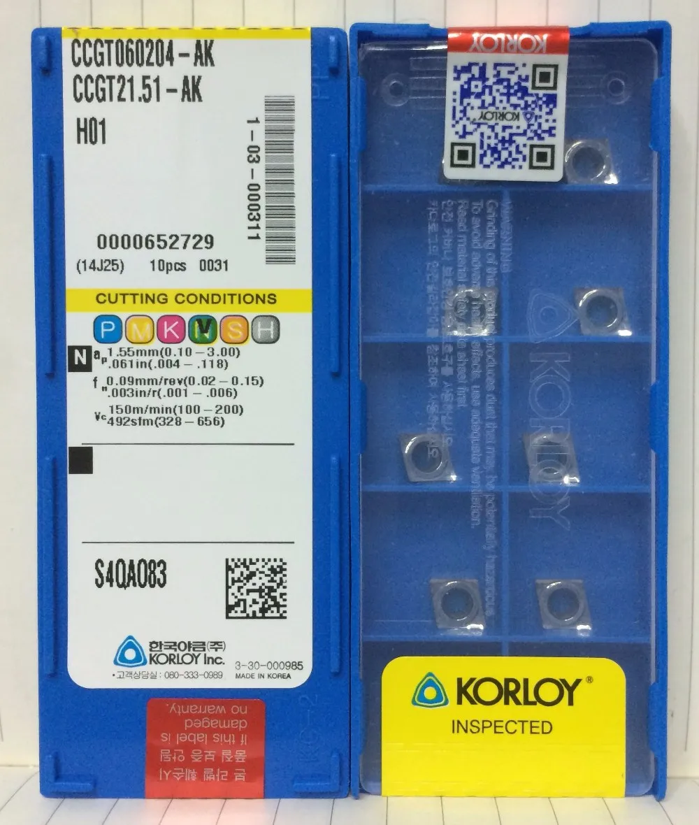 Korloy CCGT060202-AK H01 CCGT21.50.5-AK CNC Carbide Insert 10pcs Free Shipping 