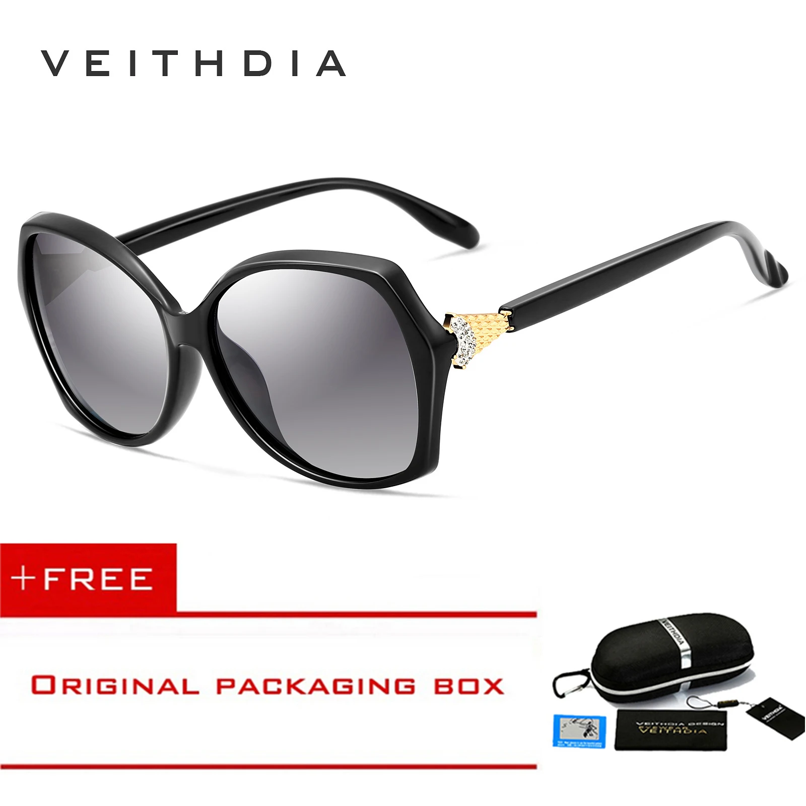 VEITHDIA, модные женские роскошные негабаритные солнцезащитные очки с лисьим бриллиантом, элегантные солнцезащитные очки oculos de sol, солнцезащитные очки для женщин, UV400 - Цвет линз: Black Gray