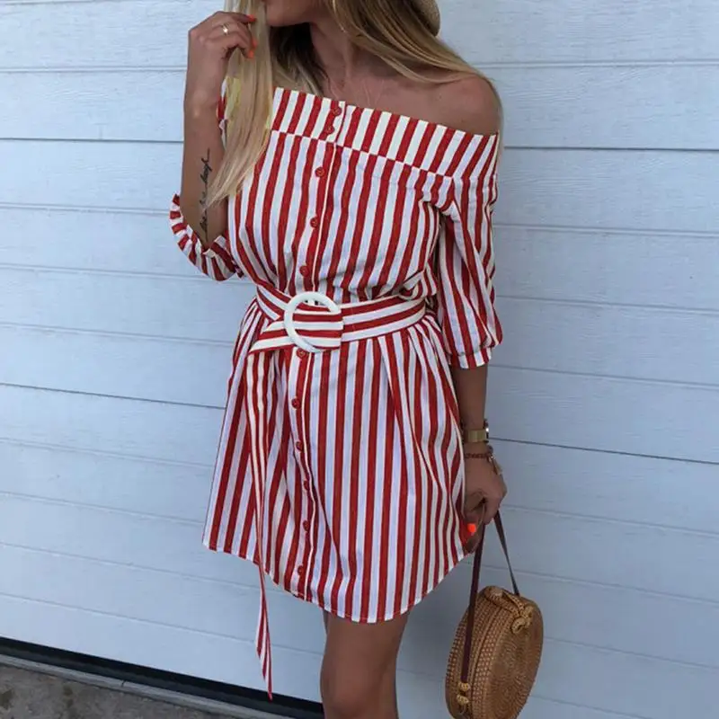 

Off Shoulder Women Shirt Dress 2018 Casual Half Sleeves Striped Button Dress With Belt Summer Dress Vestidos WS9241E