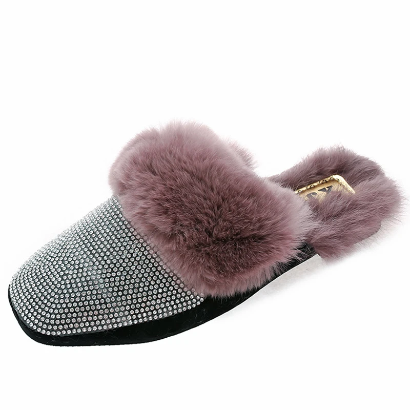 

RUIYEE Slippers Women's Fur Slippers Women's Shoes Rhinestone Shoes 2018 New Women's Shoes Home Shoes