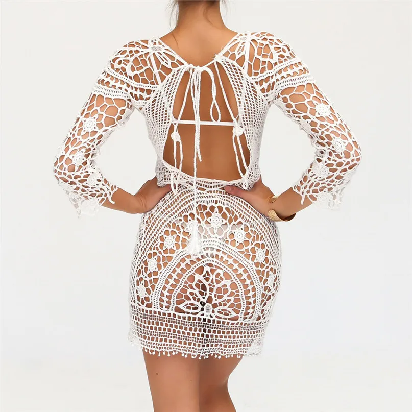 Women Beach Dress Sexy Beach Cover up Crochet Swimwear Dress Ladies Bathing Suit Women Bikini Smock Swimwear blouse #3j16#F (3)