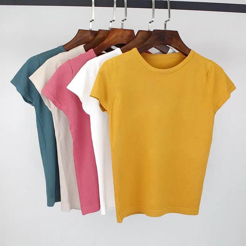 

ONLYSVTER Summer Knitted Women T shirt High Elasticity O-Neck Short Sleeves Tee Shirt Breathable Female Tshirt