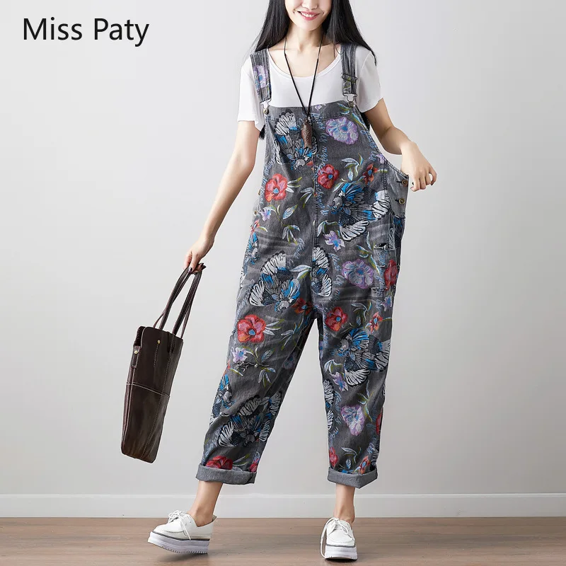 

Jeans print big size washed jeans Wide Leg Jeans Loose Denim Overalls Washed Print Ripped Hole Overalls for women jumpsuits 2019