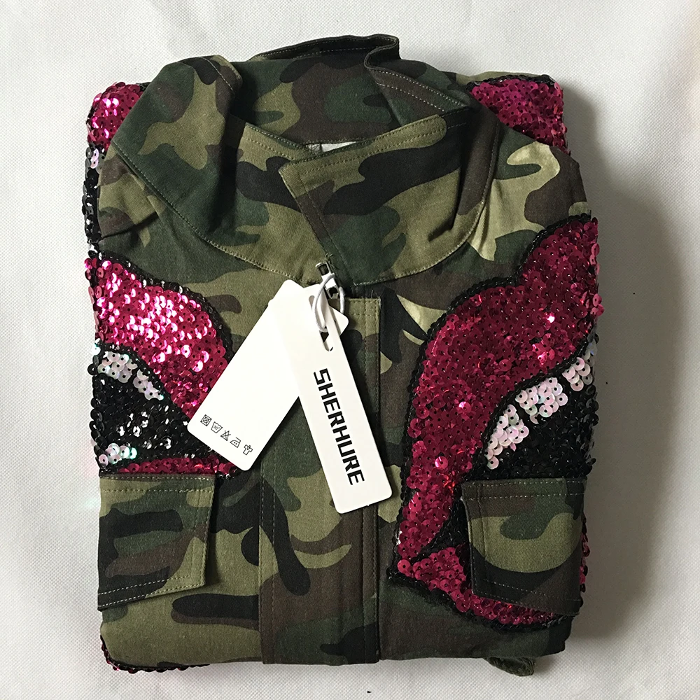 2018 Lips Sequins Beading Spring Jacket Coat Women Army Green Camouflage Women Bomber Jacket Casaco Feminino Women Basic Coats 2018 Lips Sequins Beading Spring Jacket Coat Women Army Green Camouflage Women Bomber Jacket Casaco Feminino Women Basic Coats