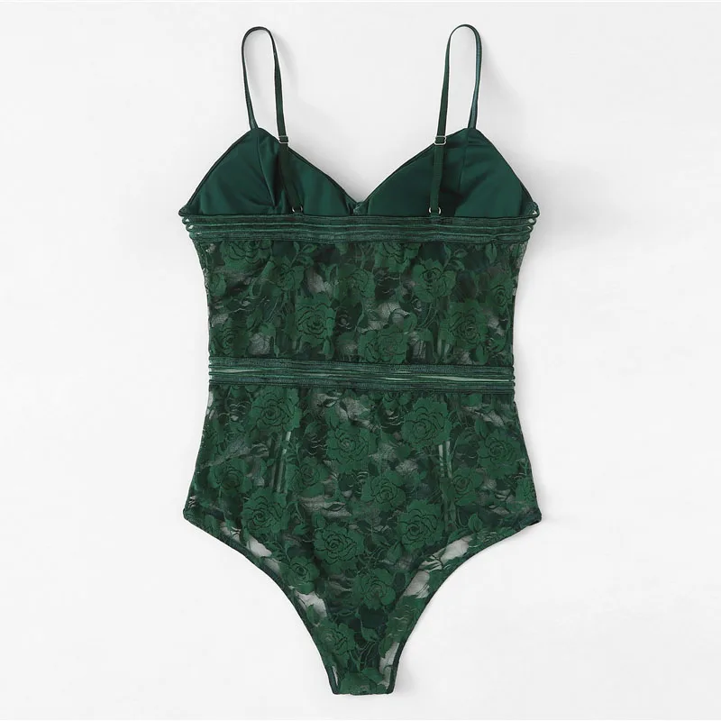 SHEIN Боди С Кружевами И V Образным Вырезом 2019 Женское Зеленое Сексуальное На