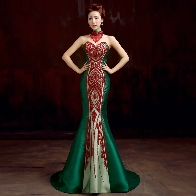 

2016 Luxury Trailing Chinese Evening Dress Green Strapless Brocade Cheongsam Sparkle Crystal Rhinestone Strapless Gown Dress