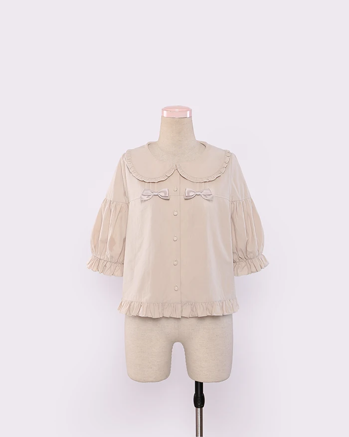 Милый женский комплект Лолиты из 2 предметов, льняная хлопковая летняя винтажная рубашка с коротким рукавом и длинная юбка на подтяжках, 3 цвета - Цвет: Apricot Shirt