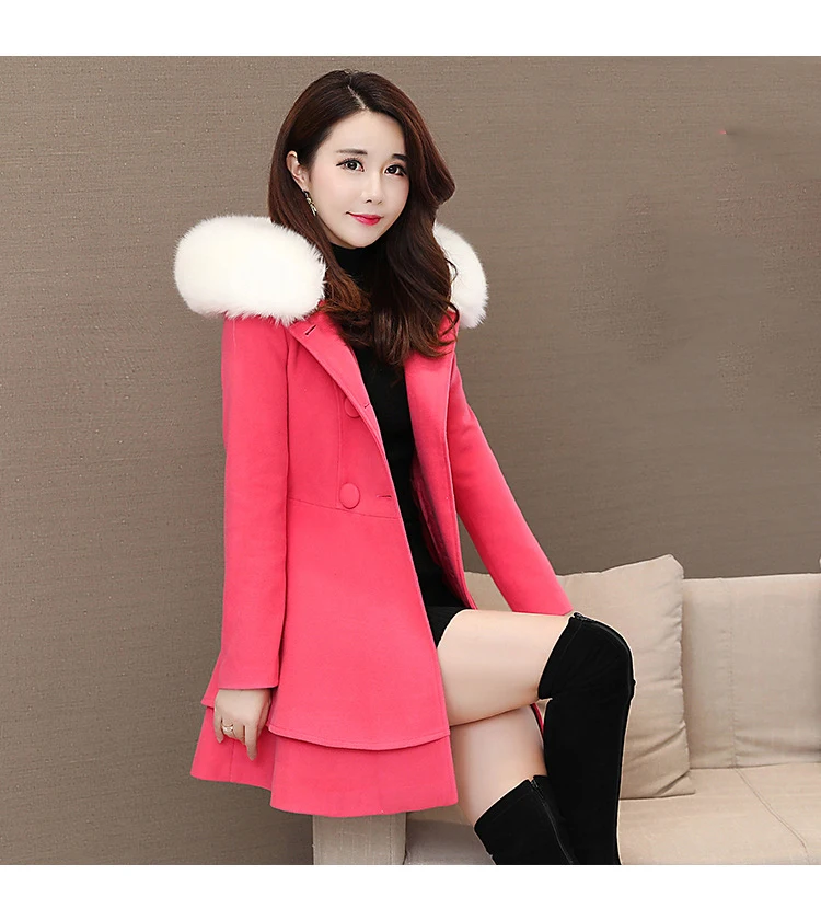 Шерстяное пальто Для женщин Красный M-2XL большой меховой куртка с капюшоном Новинка весны корейский Офис Розовый Синий лук Chic зима длинное пальто Feminina LD907