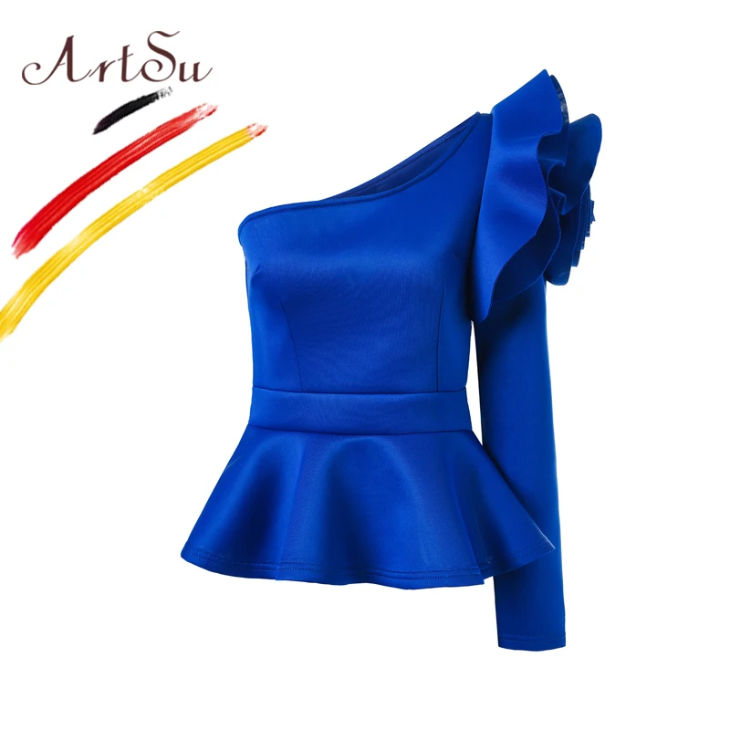 Prix ArtSu Élégant 3D Fleur Parti Top Femmes Chemises Dame Sexy Manches Longues Une Épaule Blouse Automne Ruches Femme Blusas ASBL20232