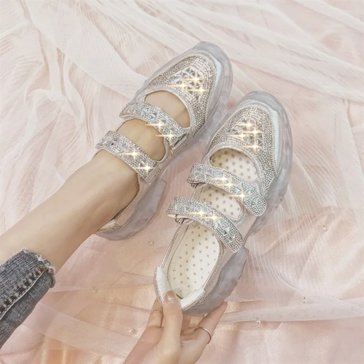 XJRHXJR New Trendy Crystal Chunky Sandals Women Thick Sole Flat Shoes Ladies Mary Jane Platform Causal Shoes Jelly Sandals 2019