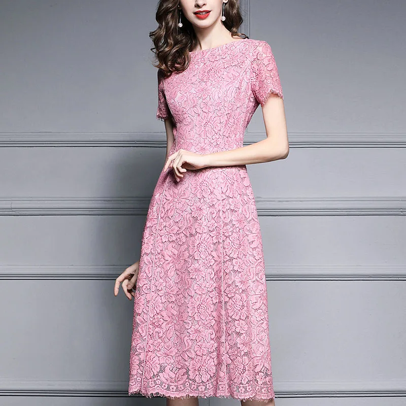 

2019 New Summer Short Sleeve A-Line Dresses Fashion Elegant Slim High Quality Lace Dresses Women Plus Size Pink Long Dresses