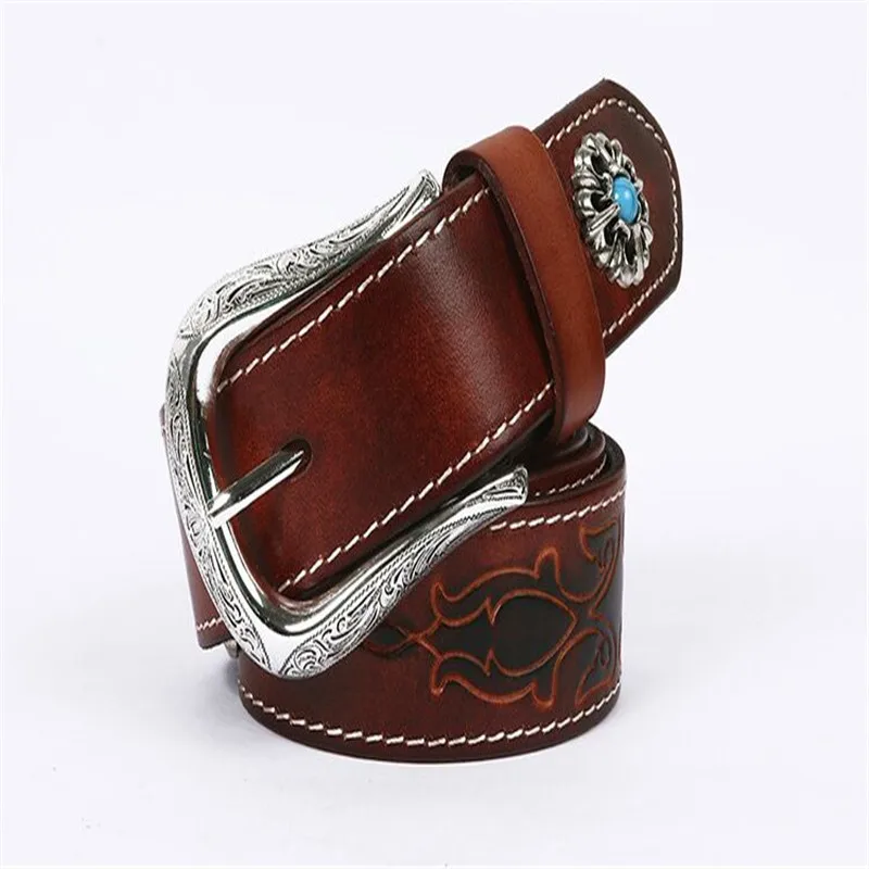 

SOEI First Layer Cowhide Belts For Men Women Fashion Vintage Carved Flower Belt Men Women Cowskin Pin Buckle Luxury Design Belt