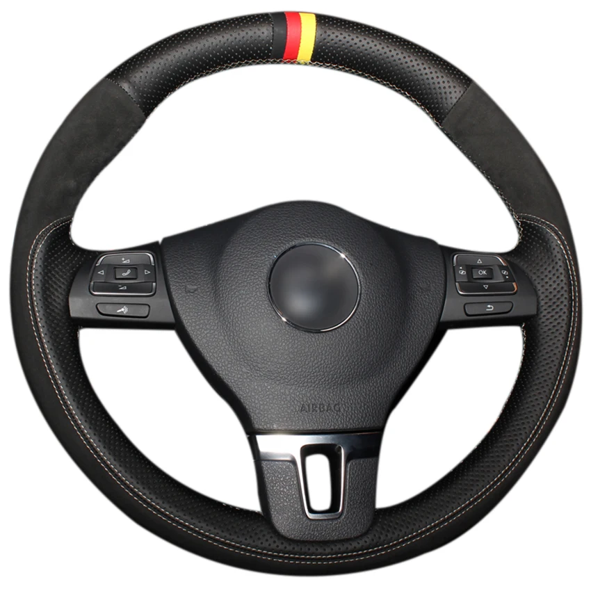 Black Genuine Leather Black Suede Steering Wheel Cover for Volkswagen